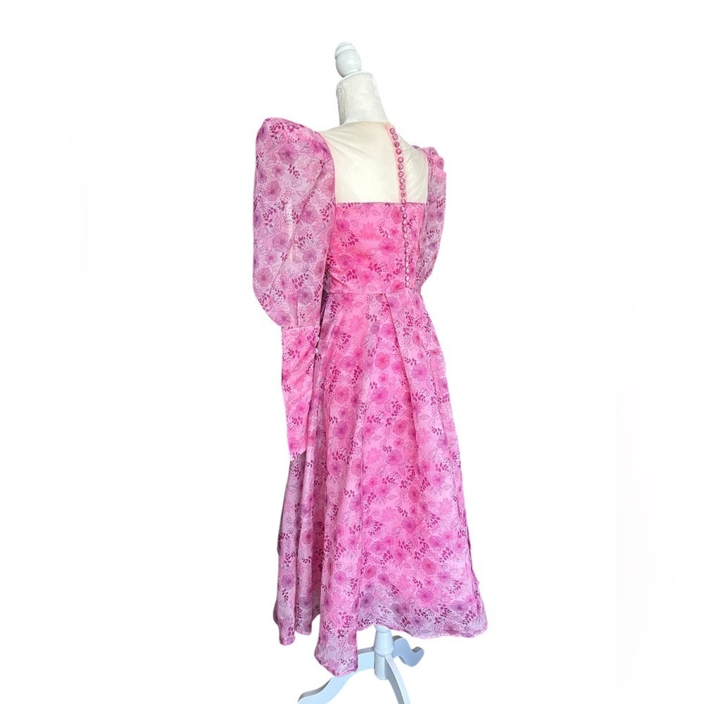 Dreamy Pink Floral Puff-Sleeve Midi Dress | Decorative Buttons | Size Small - Picture 4 of 16